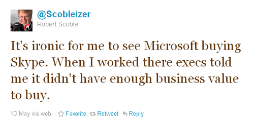 Tweet de Robert Scoble sobre Microsoft y Skype