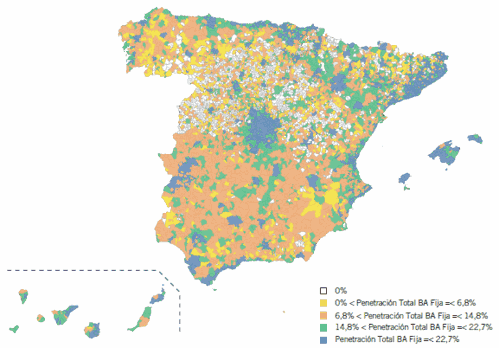 Penetración de la banda ancha fija por municipios. Fuente: CMT