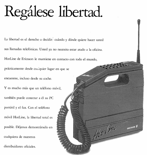Un teléfono móvil Ericsson en un anuncio de 1989. Fuente: La Vanguardia