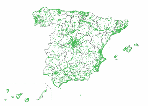 Mapa de antenas de telefonía móvil en España. Fuente: CMT - Informe Geográfico