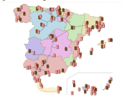 Mapa con las CCAA de España que refleja la instalaciones de almacenamiento, las instalaciones aeroportuarias y los oleoductos de producto