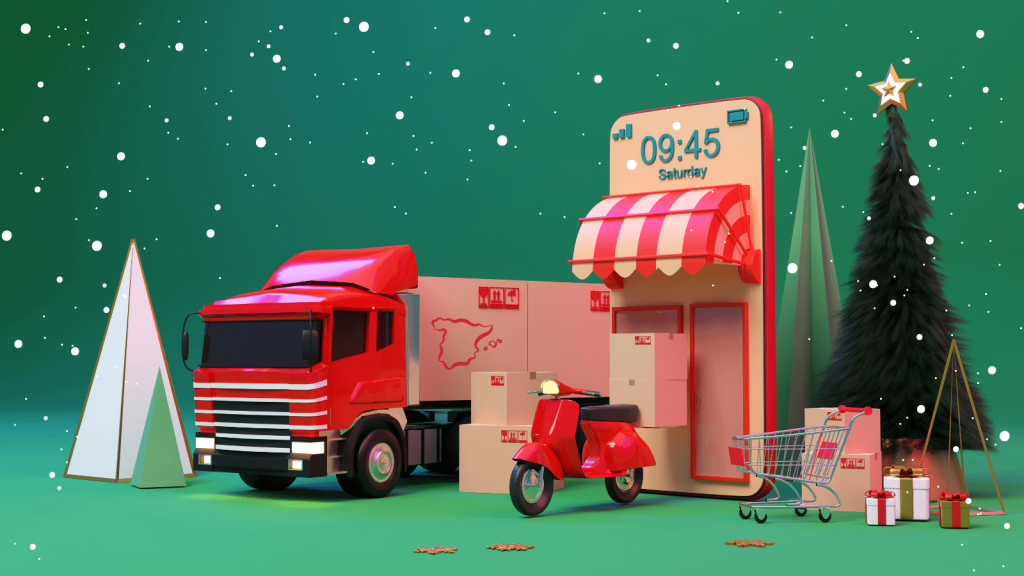Sobre fondo verde navideño, ilustraciones en 3D de un camión con el dibujo de España y un móvil del que sale una tienda. Ventas comercio electrónico España.
