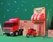 Sobre fondo verde navideño, ilustraciones en 3D de un camión con el dibujo de España y un móvil del que sale una tienda. Ventas comercio electrónico España.