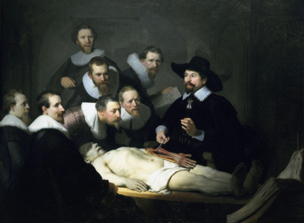 cuadro de Rembrant con jóvenes aprendices en una lección de anatomía