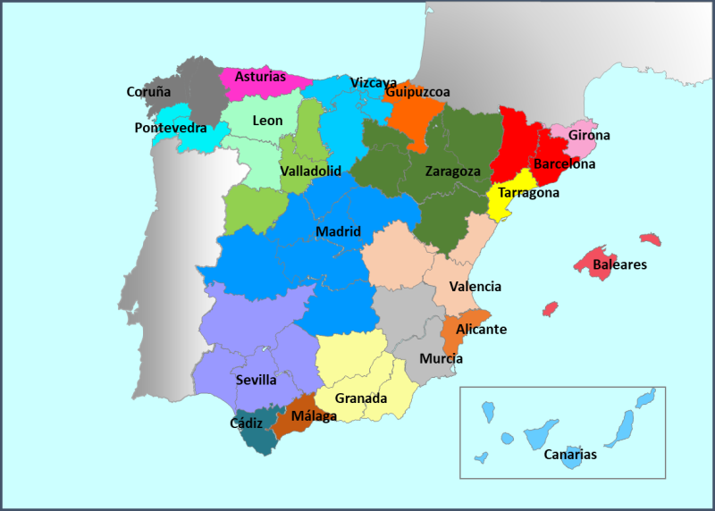 mapa de España con las zonas troncales marcadas de colores