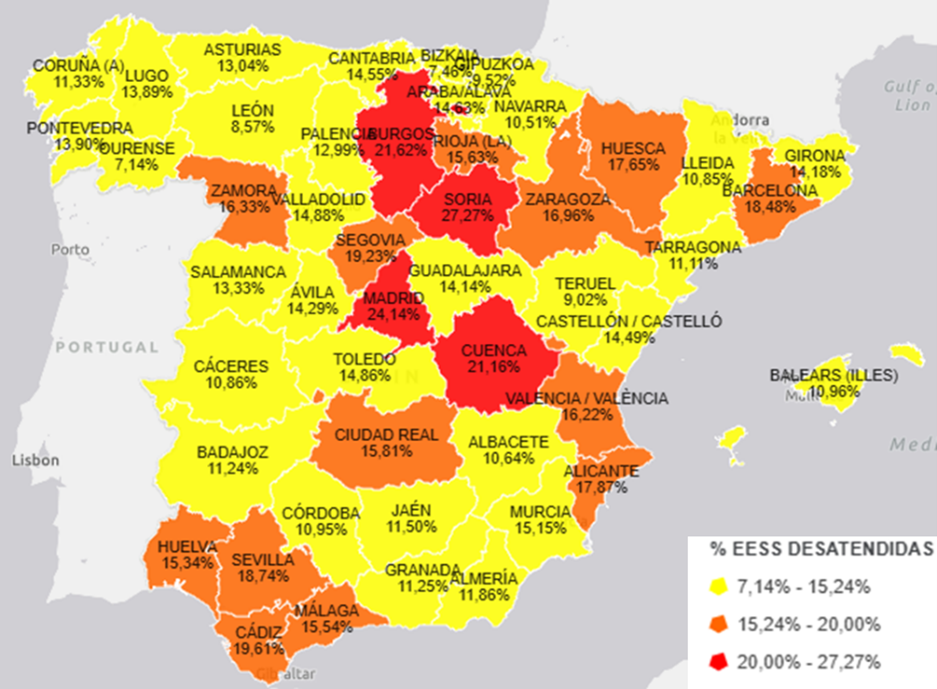 Mapa de calor de la proporción de estaciones de servicio desatendidas Mapa de calor de la proporción de estaciones de servicio desatendidas en la Península y Baleares en abril de 2025.