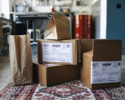 Paquetes colocados en el suelo de una sala.