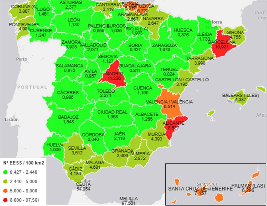 Mapa calor estaciones de servicio Mapa de calor según ratio “número de estaciones de servicio/100 km2”.