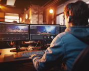 Persona utilizando dos monitores de un ordenador