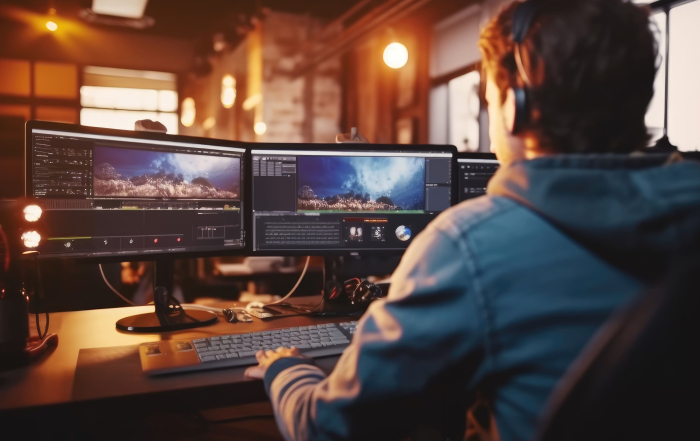Persona utilizando dos monitores de un ordenador