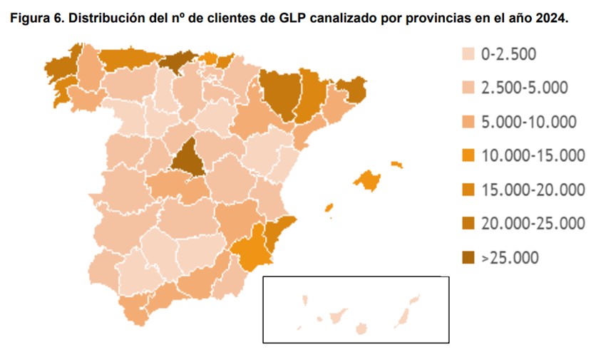 Distribución del número de clientes de GLP canalizado por provincias en 2024