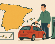Mapa de España y hombre echando gasolina al coche.