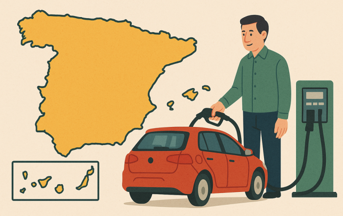 Mapa de España y hombre echando gasolina al coche.