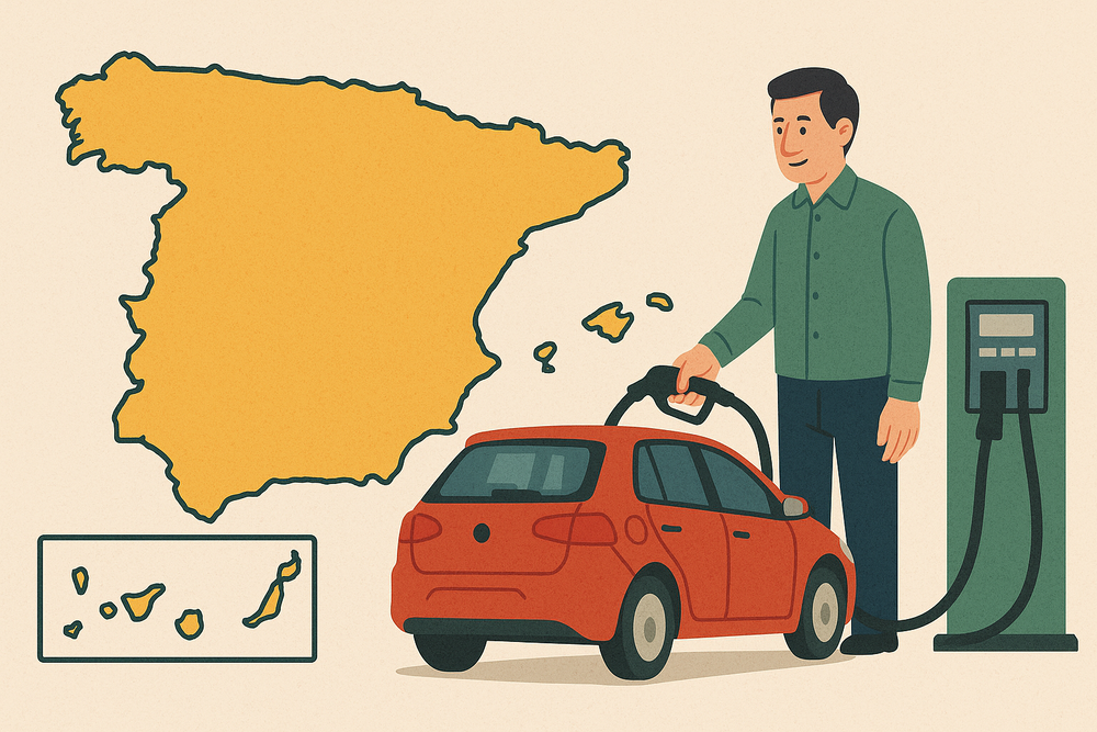 Mapa de España y hombre echando gasolina al coche.