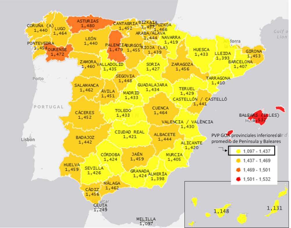 Mapa de calor precios gasóleo A Mapa de calor de los precios de venta al público del gasóleo A por provincias en Julio de 2025.