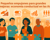 Cinco personas y cuatro símbolos delante de un gran edificio y con el título Pequeños empujones para grandes mejoras: economía conductual en las administraciones públicas.