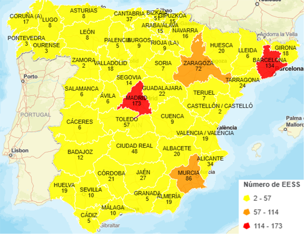 Mapa de calor por provincias del número de estaciones de servicio que comercializan diésel renovable. Península y Baleares.