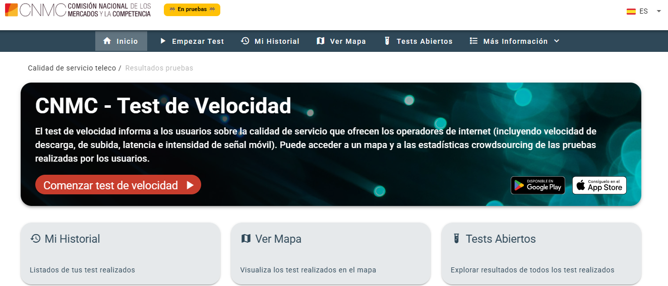 Web del test de velocidad de la CNMC