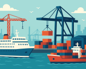 Barco de pasajeros y de mercancías en un puerto.