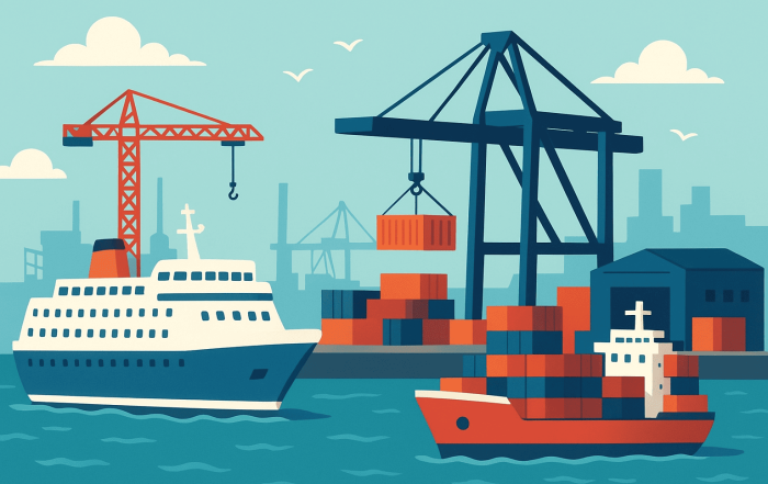 Barco de pasajeros y de mercancías en un puerto.