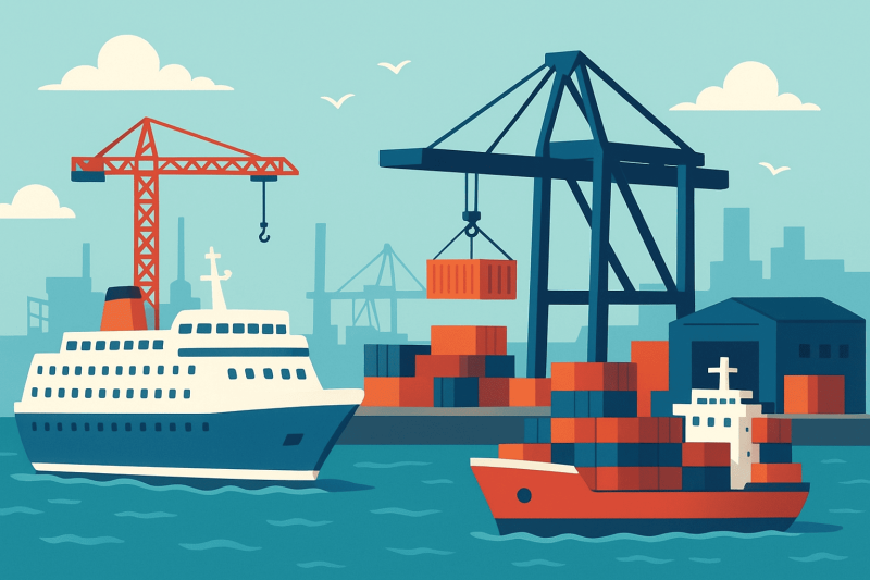 Puerto Barco de pasajeros y de mercancías en un puerto.