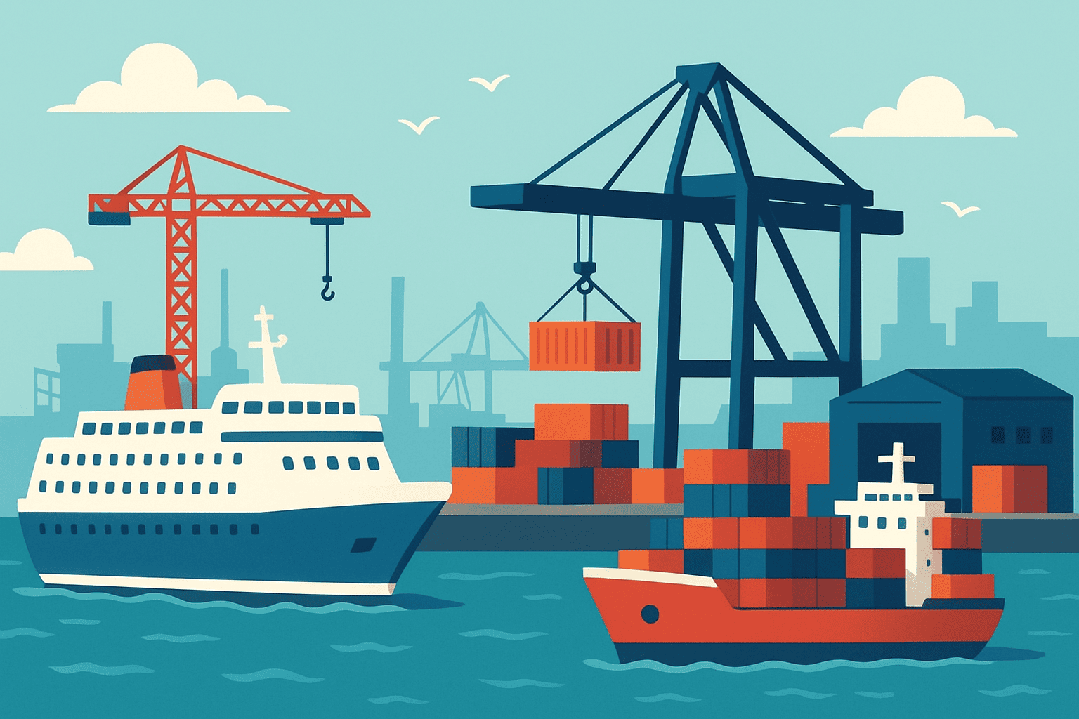 Barco de pasajeros y de mercancías en un puerto.