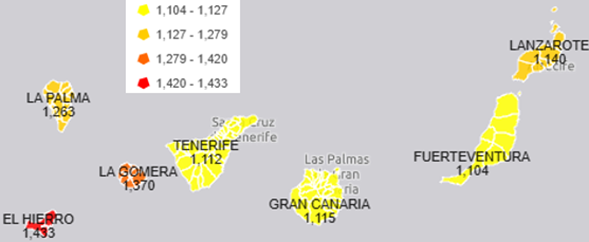 Mapa de localización de las estaciones de servicio en Islas Canarias según rótulo y precios del gasóleo A por isla.