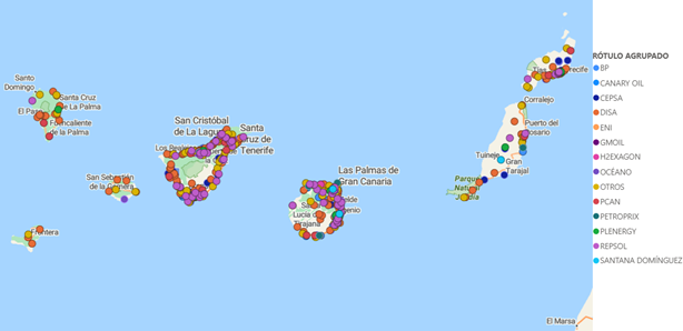 Mapa de localización de las estaciones de servicio en Islas Canarias según rótulo y precios del gasóleo A por isla.