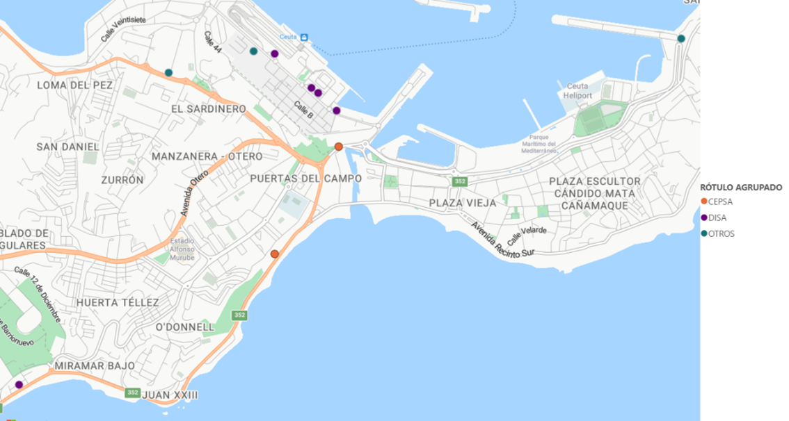 Mapa de localización de las estaciones de servicio en Ceuta y Melilla según rótulo. Octubre 2025