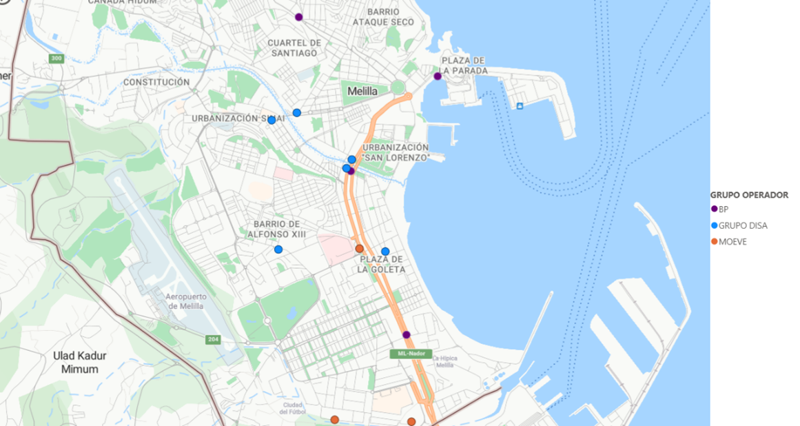 Mapa de localización de las estaciones de servicio en Ceuta y Melilla según rótulo. Octubre 2025